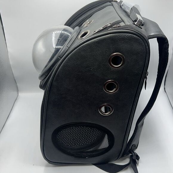 Dark Grey Vegan Leather Pet Carrier Backpack with Bubble Window - Picture 5 of 11